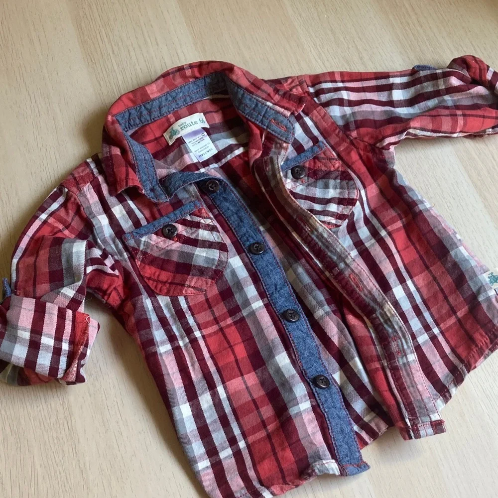 Baby Route 66 Red Plaid Button Down Shirt, Size 24 Months